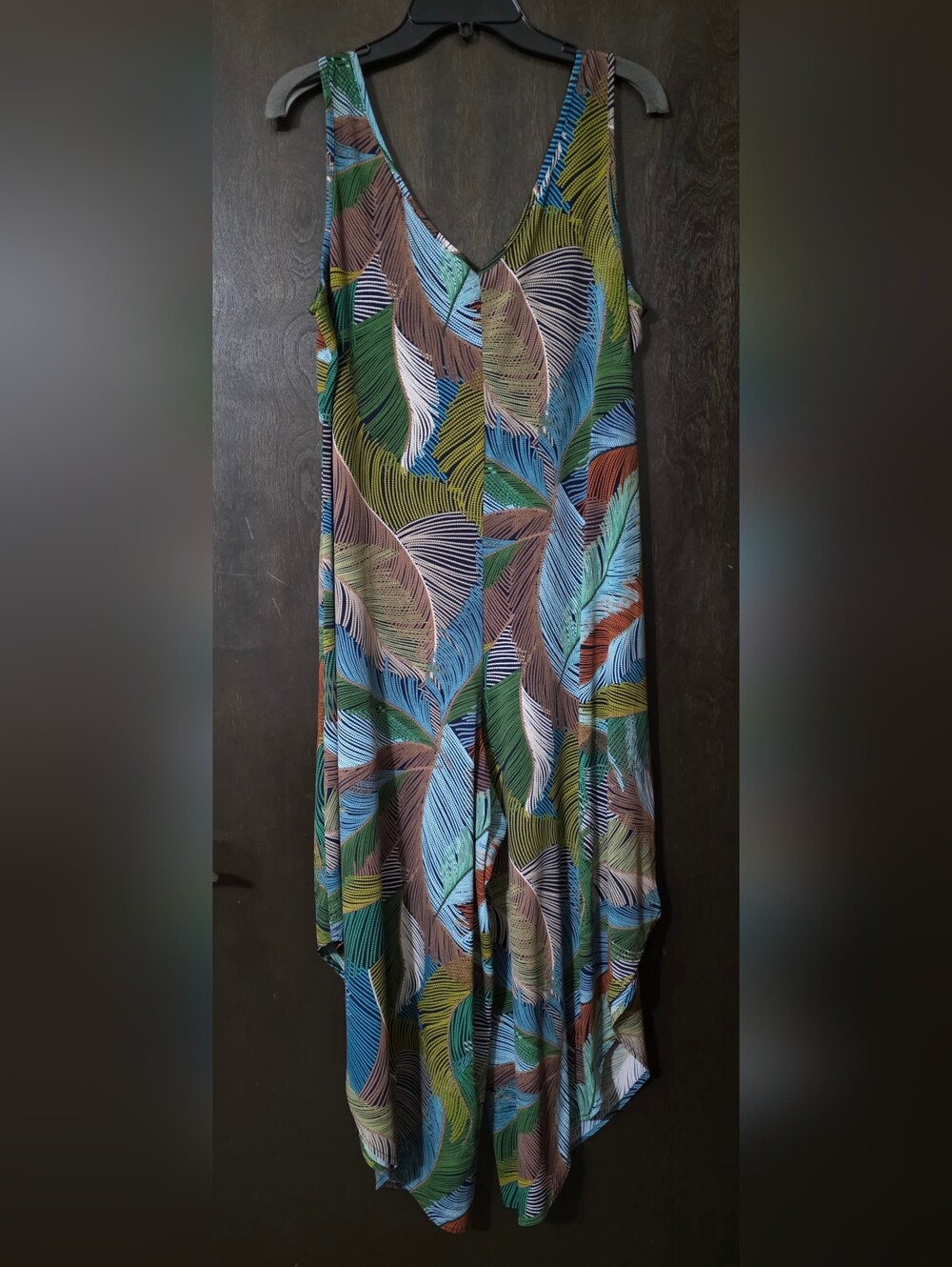 Everlily Tropical Leaf Print V-Neck Jumpsuit Wide Leg Asymmetrical Boho Size L